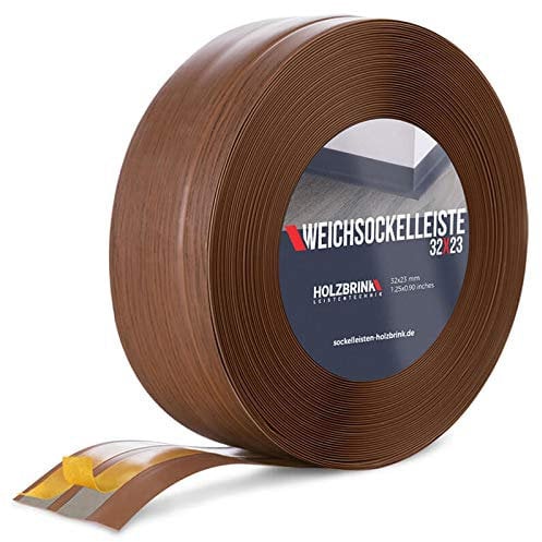 HOLZBRINK Weichsockelleiste selbstklebend PVC 32x23mm, 25 m | Küchenleiste Arbeitsplatte | Abschlussleiste selbstklebend für Badezimmer | Farbe: Eiche Dunkel