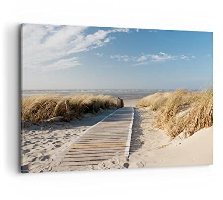 Bilder auf Leinwand 100x70cm Leinwandbild Strand Meer Fußgängerbrücke Ufer Groß Wanddeko Bild Schlafzimmer Deko Wandbilder Dekoration Wohnzimmer Wall Decor Canvas Wand Kunstdruck Art AA100x70-2657