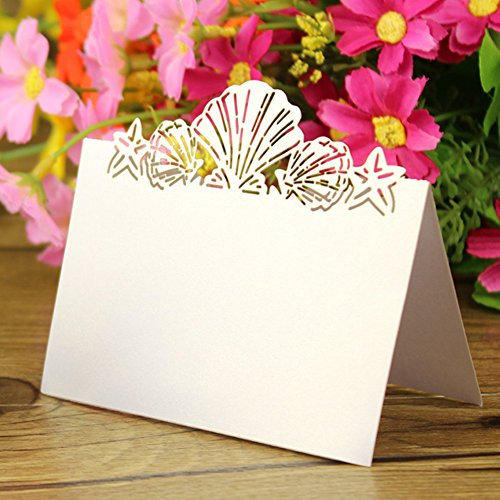 50st Tischkarten Namenskarten Glasanhänger Weinglas Cup Deko Platzkarten für Hochzeit Party Tischdeko (50st Muschel Tischkarten)