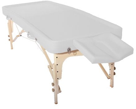 Mobile Ayurveda Profi Massageliege aus Holz - 202 cm x 81 cm - 2 Zonen - Klappbar - mit Kopfpolster, Tasche etc. - leicht zu reinigen - höchste Qualität - Perfekt für Ölmassage (Weiß)