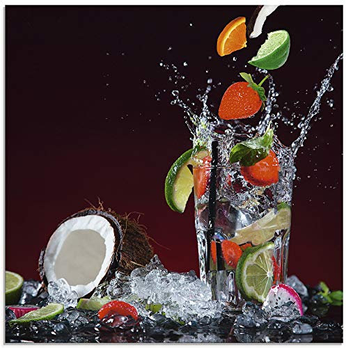 ARTland Wanddeko Glasbilder Wandbild Glas Bild einteilig Quadratisch Früchte im Wasser Cocktails Frucht Bar Erdbeere Limette Kokosnuss Sommer S6AS