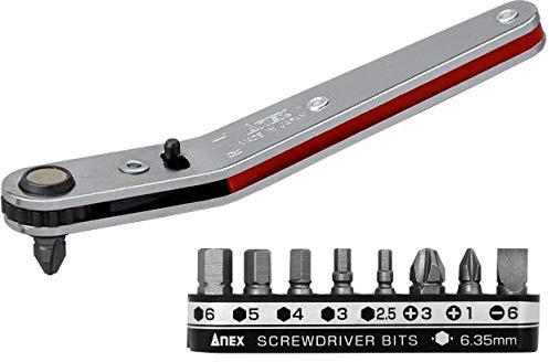 Anex Ultra Low Profile Offset Ratschenschrauber und Sechskantschlüssel 90 Grad für engen Bereich (magnetisches 9 Bit-Set) nach oben abgewinkelter Kopf, rot