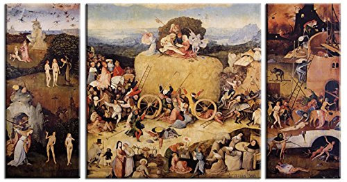1art1 Hieronymus Bosch Poster Der Heuwagen, 1516, 3-Teilig Bilder Leinwand-Bild Auf Keilrahmen | XXL-Wandbild Poster Kunstdruck Als Leinwandbild 130x70 cm