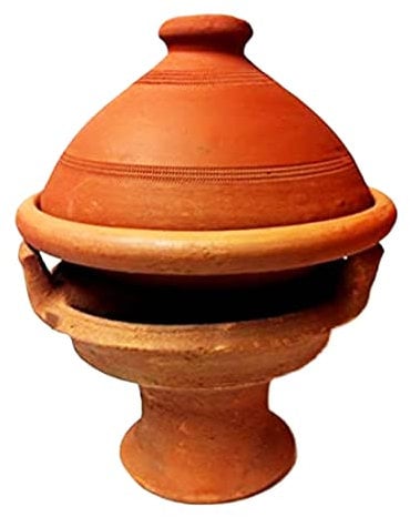 Marrakesch Original Marokkanische Tajine Tuareg Ø 25 cm mit Stövchen | Handgetöpfert aus naturbelassener Lehmerde | Traditionelles Schmorgefäß für schonendes Kochen