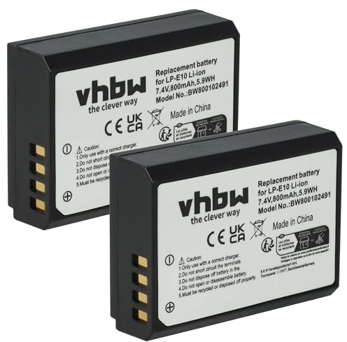 vhbw 2X Akku kompatibel mit Canon EOS 1100D | 1D X, 1D X Mark II, 2000D, 1200D, 3000D, 4000D, 1300D, 1500D Kamera (800 mAh, 7,2 V, Li-Ion)