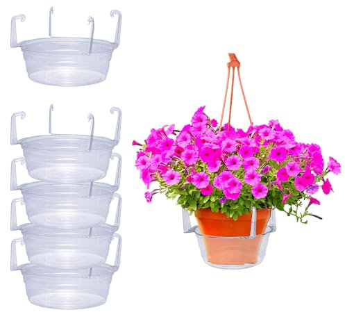 Curtis Wagner Plastics Hanging Basket Drip Pans (5-Pack) | Clear, Round (Diameter = 6.25 Base, 8 Top, 3.5 Depth) Hanging Plant Tray Saucer with Built-in Hooks & Water Catcher for Indoor & Outdoor