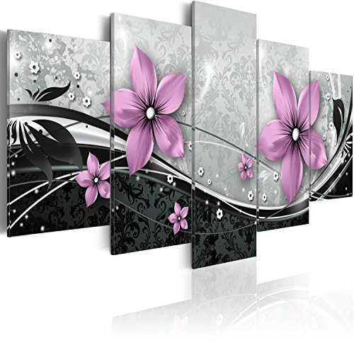 B&D XXL - Wandbilder XXL Ornament 200x100cm 5 tlg - Wand Deko Leinwand Bilder Groß Wanddeko Wohnzimmer Schlafzimmer Kunstdrucke - Blumen Abstrakt schwarz grau lila b-A-0075-b-n