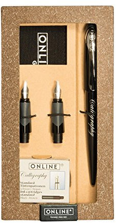 ONLINE Kalligrafie-Füllhalter Air Schwarz mit Leinen-Etui und Tintenpatronen, Federstärke 1,4 mm und Griffstücke 0,8 mm und 1,8mm, in Geschenketui