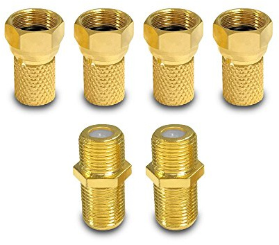 ARLI 4x F-Stecker 7 – 7,4 mm + 2x F-Verbinder vergoldet – Stecker Verbinder Set für Koaxialkabel Sat TV Antenne mit breiter Mutter & Dichtring