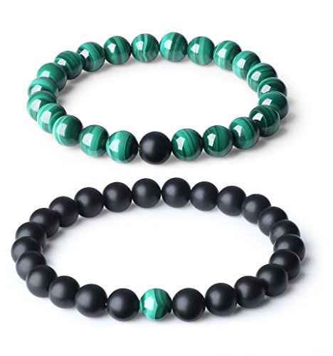 COAI Kristall Armbänder für Paare Partner Armband Distance Bracelets aus Matt Onyx und Malachit