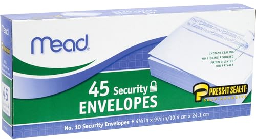 Mead #10 Briefumschläge, bedrucktes Innenfutter für Privatsphäre, Press-It Seal-It, selbstklebender Verschluss, Allzweckpapier, 9 kg schwer, 10,3 x 24,5 cm, Weiß, 45 Stück pro Box (75026)