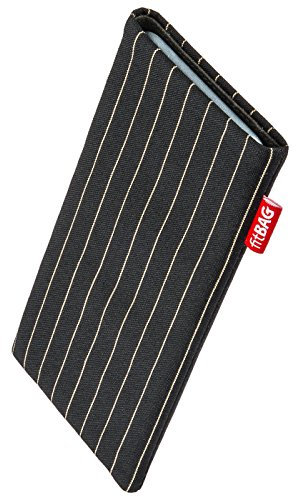 fitBAG Twist Schwarz Handytasche für Apple iPhone 5 / 5s / SE 16GB 32GB 64GB Tasche aus Nadelstreifen-Stoff mit Microfaserinnenfutter | Hülle mit Reinigungsfunktion | Made in Germany