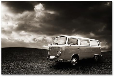Postereck - 0528 - Oldtimer Bus, Schwarz Weiss Bulli Auto Urlaub - Fahrzeug Wandposter Fotoposter Bilder Wandbild Wandbilder - Poster - 3:2-61,0 cm x 40,5 cm