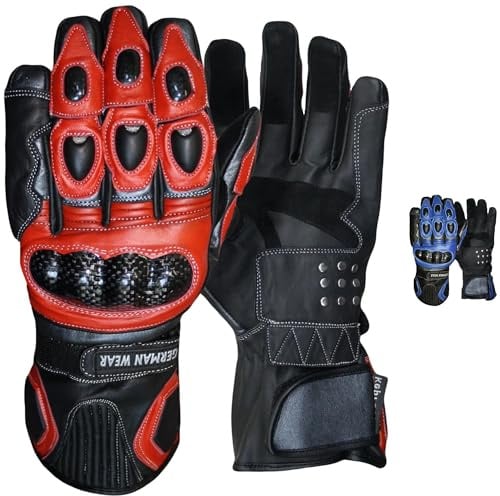 German Wear Motorradhandschuhe Leder aus Kalbsleder Biker Handschuhe mit Knöchelverstärkung rutschfeste Handfläche & Klettverschluss für Motorrad Touring Blau/Rot