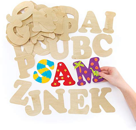 Baker Ross Große Buchstaben aus Holz zum Basteln und Bemalen für Kinder - ideal für Schriftzüge und als Dekoration - 52 Stück, Holzfarben
