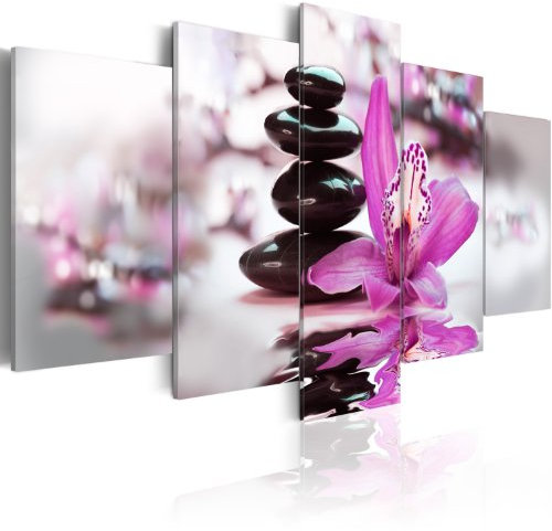 B&D XXL - Wandbilder XXL Blumen Orchidee Feng Shui 200x100cm 5 tlg - Wand Deko Leinwand Bilder Groß Wanddeko Wohnzimmer Schlafzimmer Kunstdrucke - Zen Steine 030210-106