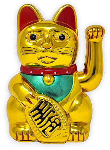 Starlet24® Winkende Glückskatze Winkekatze Lucky Cat Maneki-Neko Winkende Japanische Maneki-Neko batteriebetrieben (Gold Glänzend, 18cm)