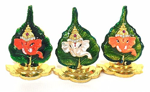 Indiabazaar - Hindu God idol/Murti/Statue/Car Idol - Ganesh on Pan Leaf with Stand and white Stones Decoration