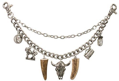 Alpenflüstern Trachten-Charivari Stierkopf - Hochwertiger Herren-Trachtenschmuck mit Trophäen-Anhängern für die Lederhose, echtes Hirschhorn, (antik-silber-farben) HCH003