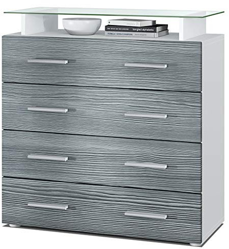 Vladon Sideboard Pavos V2, Kommode mit 4 Schubladen und Glasablage, Weiß matt/Avola-Anthrazit (76 x 81 x 35 cm)
