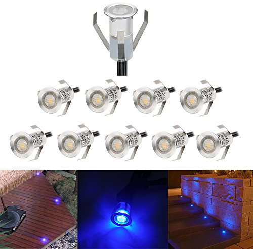 CHNXU 10er Set Mini Treppen Einbaustrahler Ø18mm 0.4W IP67 Wasserdicht 7LM Bodeneinbaustrahler LED Bodenstrahler Aussen und Innen Lampe mit 12V Netzteil für Garten Terrasse Treppen Beleuchtung Blau