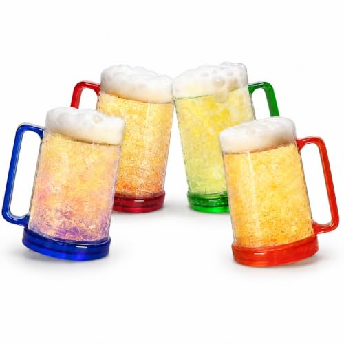Lily's Home Gefrierschrank-Bierkrug, doppelwandig, isoliert mit flüssigem Gel-Kunststoff, gefrierbare Gläser, 473 ml, Bierglas für Gefrierschrank, Frozen Ice Freezy Mug, Gefrierbecher 4er Set