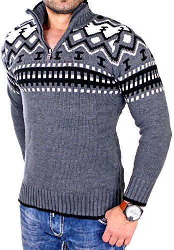Reslad Herren Strickpullover Crewneck Zipper Norweger Pullover RS-3110 Anthrazit 2XL