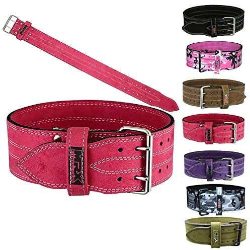 MRX Powerlifting-Ledergürtel, 10,2 cm breit, 10 mm dick, Training, Fitness, Rückenstütze, Bodybuilding-Gürtel mit Stahlschnalle mit 2 Zinken, Rosa, Größe M