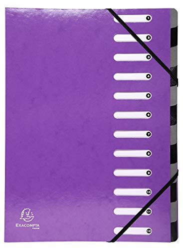 Exacompta 53926E Premium Ordnungsmappe Iderama. Aus beschichtetem Colorspan-Karton DIN A4 12 vollfarbige Fächer, dehnbarer Rücken und 2 Gummizüge mit Indexfenstern Register-Mappe violett