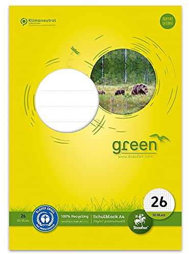 Staufen Green Schulblock - DIN A4, Lineatur 26 (5mm kariert mit Rand), 50 Blatt, 4-fach Lochung, premiumweißes 70g/m² Recyclingpapier, 1 Stück