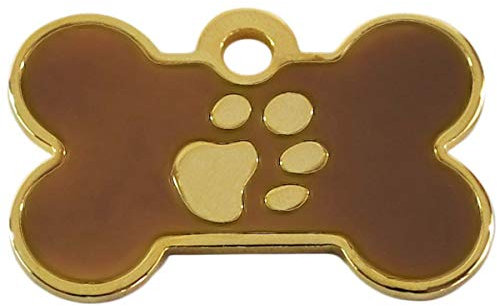 Placa marrón pequeña en forma de hueso con diseño impreso de pata dorada. Grabada con nombre de perro / mascota. Por favor envíenos un mensaje con los detalles del grabado cuando compre