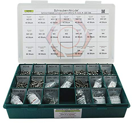 Set Flachrundkopfschrauben DIN603 M3+M4 Edelstahl A2 V2A Scheiben + Muttern | Sortiment M3+M4 mit Vierkantansatz (Schlossschrauben) Scheiben (DIN 125, 127, 9021) + Muttern (DIN 934, 985) - 144 Teile