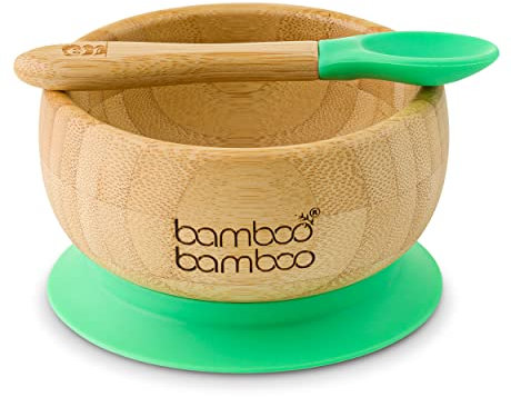 Bambus-Babyschale und Löffel-Set mit abnehmbarem, lebensmittelechtem Silikon-Saugnapf für Kinder - sicherer, stabiler, ungiftiger Saugnapf zum Selbstessen für Kleinkinder (11,8 Unzen)