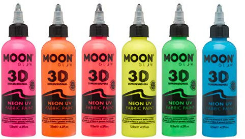 UV Glow Peinture pour tissu Neon UV – T-shirt/peinture pour tissu, teinture par nouage, motif de tissu, rose, orange, jaune, vert, rouge, bleu, 125 ml (lot de 6)
