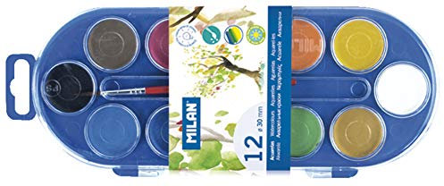 MILAN- Palette de 12 pastilles d'aquarelles Ø30 mm avec Pinceau