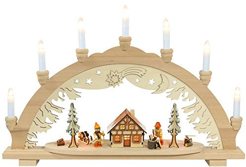 Dekohelden24 Schwibbogen Buchenholz Motiv: Winterfiguren und Waldhaus innen beleuchtet, 10 flammig, Breite 57 cm x Tiefe 9 cm x Höhe 38 cm