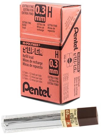 Pentel Super Hi-Polymer Nachfüllmine, 0,3 mm Mine, Klasse H, 1 Packung mit 12 Tuben, (12 Leads pro Tube)