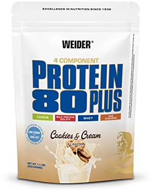 Weider - Protein 80 Plus - 4-Komponenten Protein Pulver - Hoher Proteingehalt mit 80% Eiweiß - Cremige Shakes mit Calcium & Vitamin B6 - 500g - Cookies & Cream