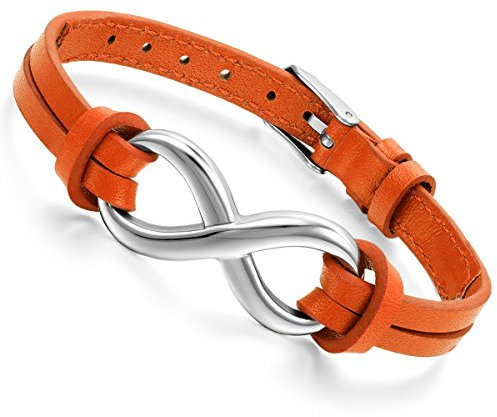 Flongo Lederarmband, Leder Echtleder Armband Armreifen Orange Infinity Unendlichkeit Zeichen Symbol Lieben Charme Verstellbaren Herren,Damen