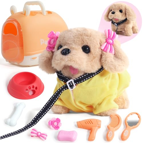 TONZE Hund Spielzeug Kinder Spielzeug Mädchen ab 2 3 Jahre Hund mit Leine der Läuft und Bellt, Kuscheltier Hund , Klein Spielzeug Hund Set (Umhang & Haarnadel) Dog Spiel Mädchen Spielzeug 2 Jahre