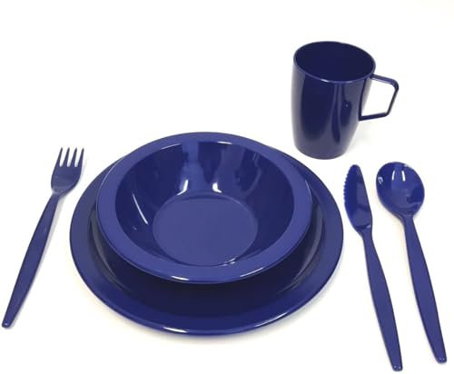 Harfield Camping Tableware Royal Blue Outdoor Dining Set - Plate, Bowl, Beaker & Cutlery Reusable Virtually Unbreakable Polycarbonate Plastic