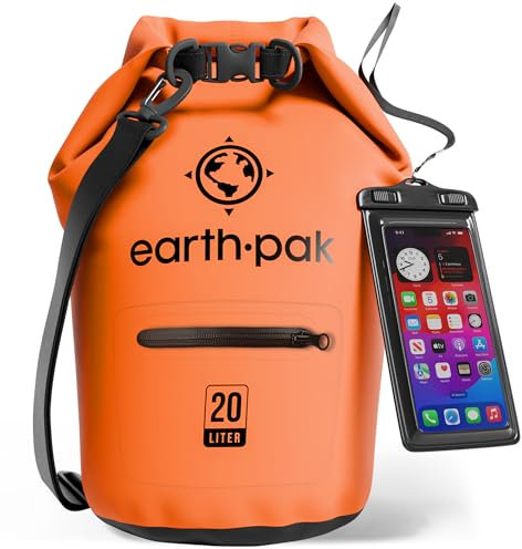 Earth Pak Torrent Serie Dry Bag wassersdichte Tasche mit verstellbarem Schultergurt und wasserfester Handyhülle Ideal beim Kajak Fahren Angeln Rafting Orang 20L