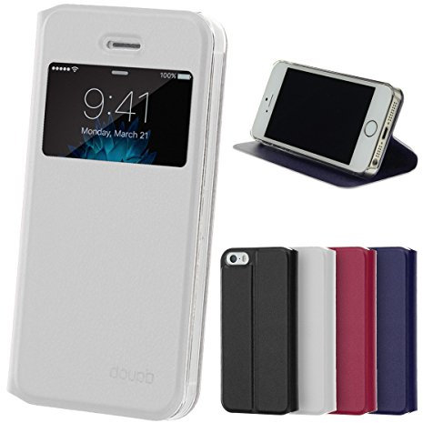 doupi FlipCase für iPhone SE / 5S / 5, Deluxe Schutzhülle mit Sichtfenster Magnet Verschluss Klappbar Book Style Aufstellbar Ständer, weiß