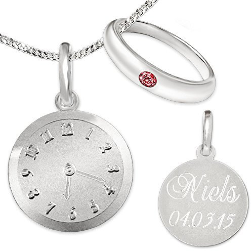 CLEVER SCHMUCK Taufkettchen mit gravierter Uhr Taufring schlicht rubinrot & Anhänger-Uhr mit Gravur & Kette Sterling Sterling Silber 925 zur Mädchen Taufe