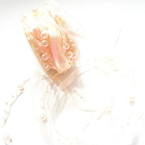 CaPiSo 10m Schleifenband 3-teilig mit Organza und 4mm Perlen Dekoband Trendyband Perlenband Perlen am Band (Creme-Beige)