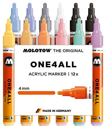 Molotow One4All 227HS Acryl Marker Pastell-Kit (4,0 mm Strichstärke, hochdeckend und permanent, UV-beständig, für fast alle Untergründe) 12 Stück sortiert