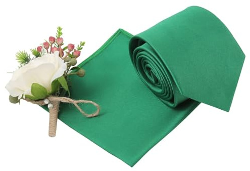 DQT Mens Plain Satin Tie & Pocket Square Set (2pc) - 9cm Classic Wedding, Business & Formal Necktie - Emerald Green
