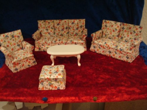 Puppenmöbel Garnitur: 3er Sofa, 2 er Sofa, 1 Sessel, 1 Hocker, 1 Tisch