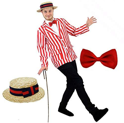 BLAZER À RAYURES BLANCHES ET ROUGES + CANOTIER DE PAILLE AVEC RUBAN BLEU MARINE ET ROUGE + NŒUD PAPILLON ROUGE SALON DE COIFFURE PARFAIT POUR LES DÉGUISEMENTS OU LA SEMAINE DU LIVRE (X-GRAND)