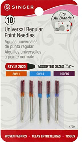 SINGER Regular Point Sewing Machine Needle, Size 80/12, 90/14, 100/16, 10-Count